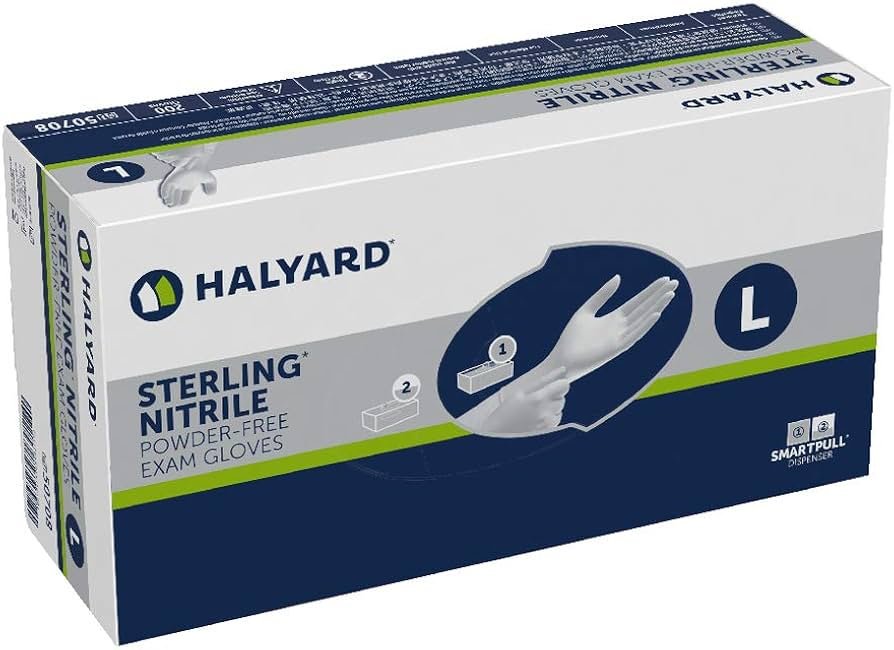 Halyard Sterling Nitrile Exam Gloves - 9.5" Length, Powder-Free, Latex-Free - 200/Box
