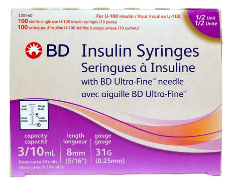 Front-facing package of BD Insulin Syringes, 100 sterile single-use U-100 insulin syringes with BD Ultra-Fine needle, shown on a plain white background.