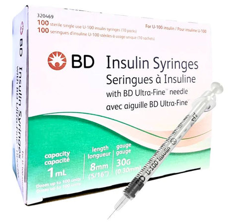 BD Insulin Syringes packaging with a syringe illustration on a white background