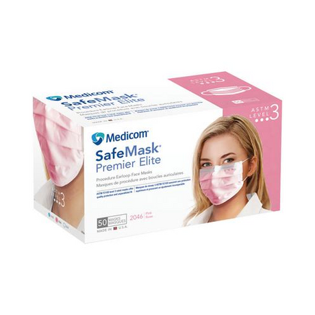 A box of Medicom SafeMask Premier Elite level 3 face masks, featuring a white and pink packaging design with a photo of a woman wearing the mask.