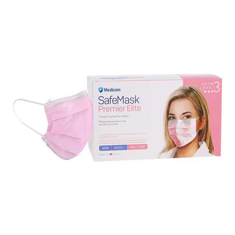 Medicom SafeMask Premier Elite face mask packaging box next to a single light pink disposable face mask on a white background.