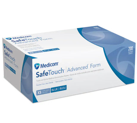 A box of Medicom SafeTouch Advanced Form blue medical examination gloves, size XS, with 200 count, shown on a white background.
