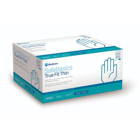 A box of Medcom SafeBasics True Fit Thin nitrile gloves in blue, shown on a clean white background.