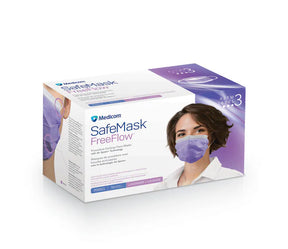 Medicom SafeMask FreeFlowSurgical Mask box, containing 50 count purple medical masks, shown on a white background with a model wearing the mask on the packaging.