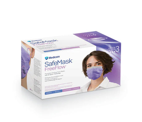 Medicom SafeMask FreeFlowSurgical Mask box, containing 50 count purple medical masks, shown on a white background with a model wearing the mask on the packaging.