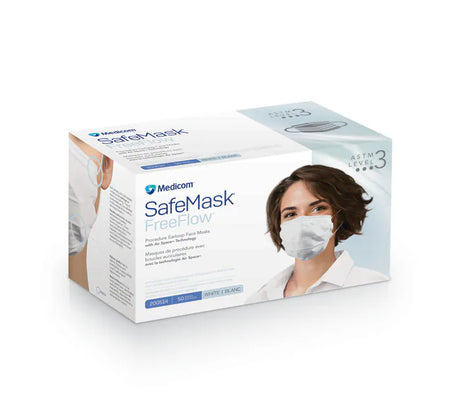 A box of Medicom SafeMask FreeFlow Level 3 respirator masks, featuring white packaging with blue text and a photo of a woman wearing a white face mask.