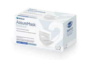 A box of Medcom AssureMask Balance surgical earplugs and face masks, shown in white packaging with blue and gray text and graphics on a clean white background.