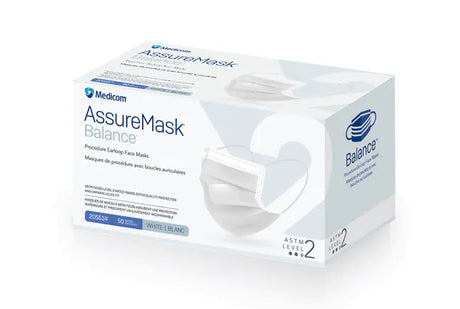 A box of Medcom AssureMask Balance surgical earplugs and face masks, shown in white packaging with blue and gray text and graphics on a clean white background.