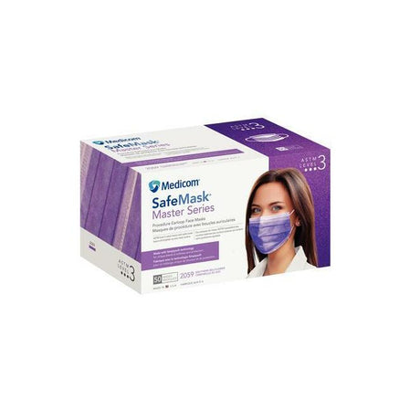A box of Medicom SafeMask Master Series Level 3 masks, featuring a white and purple design with a photo of a woman wearing the mask on the front.