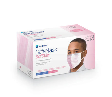 A box of Medcom SafeMask SoftSkin face masks, featuring a pink and white design with a graphic of a man wearing a mask.