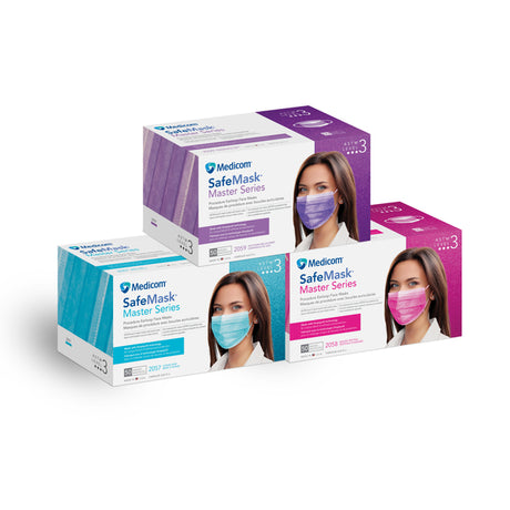 Three boxes of Medicom SafeMask Master Series 3P surgical masks in different colors (blue, purple, and pink) arranged on a white background.